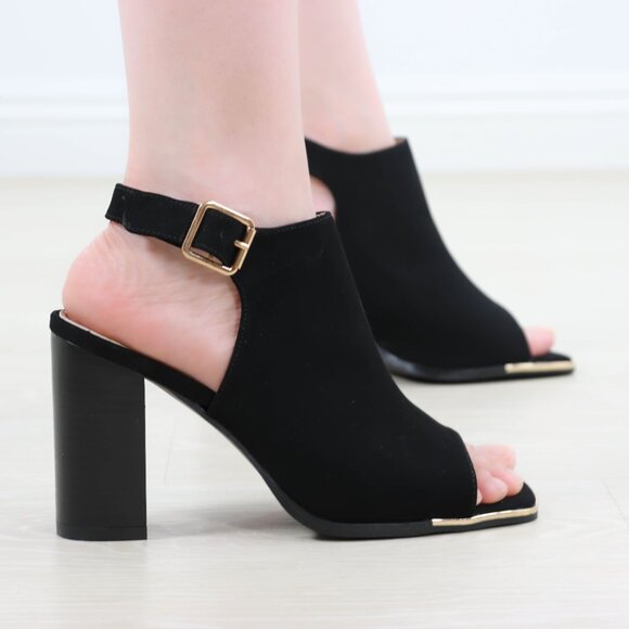 Block Heel Peep Toe Sandals Women’s Black Velvet Gold Buckle Ankle Strap - Picture 11 of 15